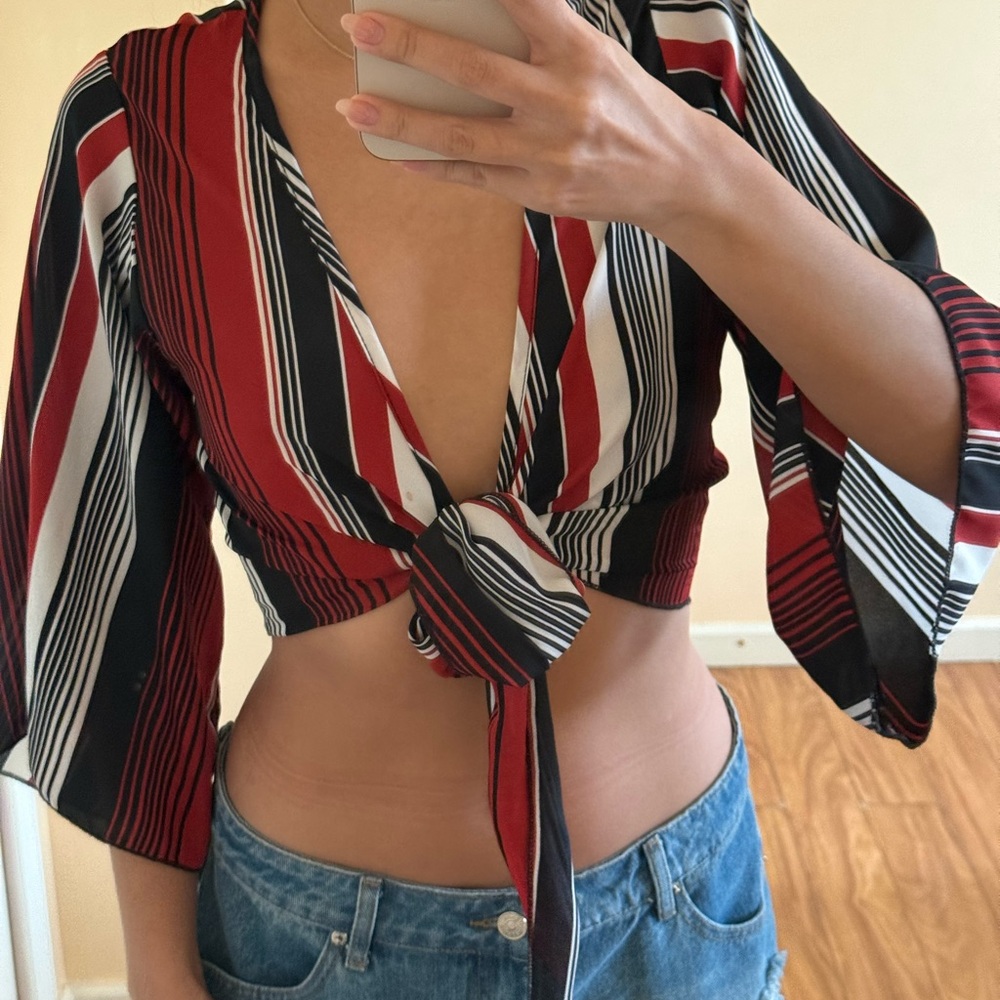 Windsor Red, Black & White Striped Tie-Front Crop Top
